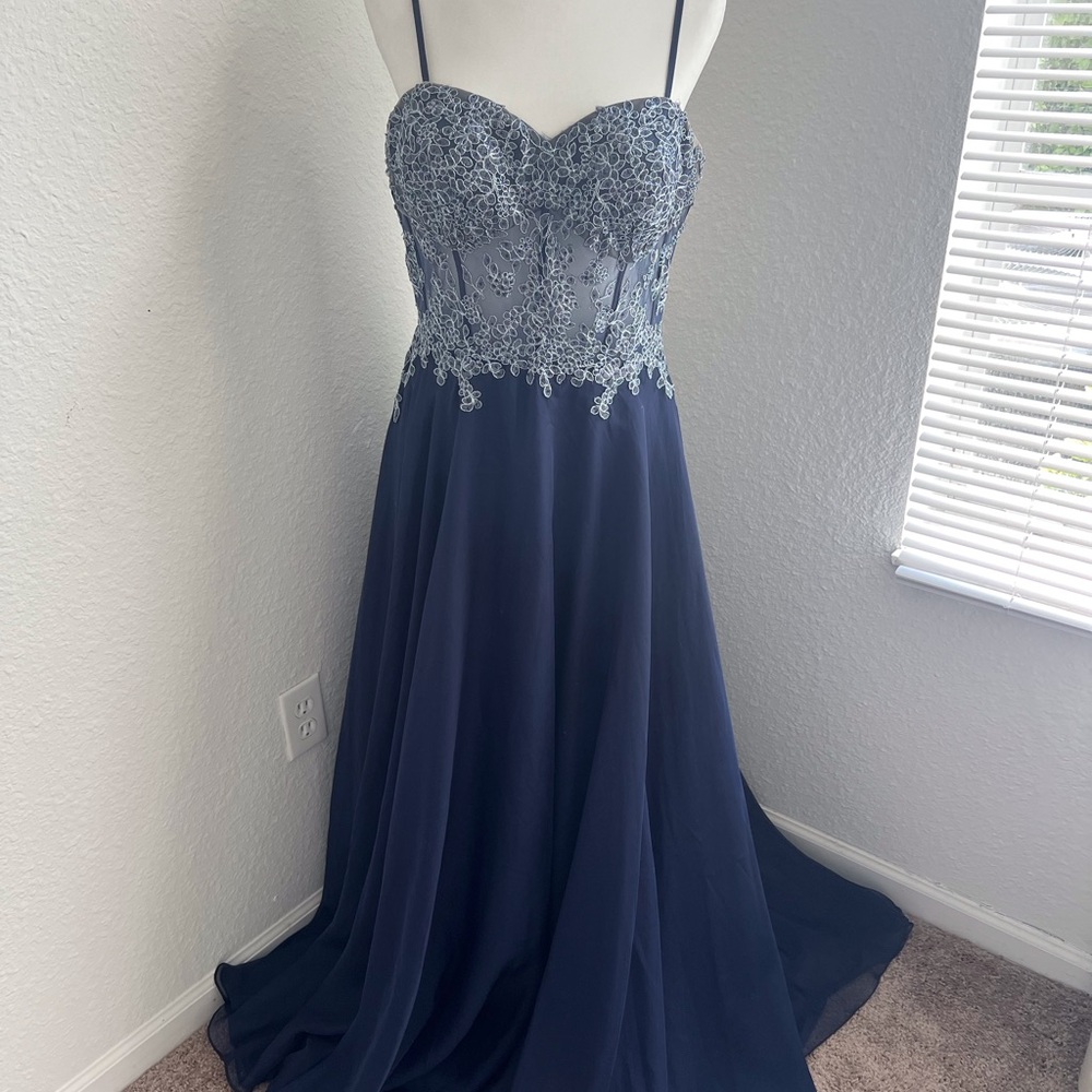 Navy Blue Sequin Floral Embellished Corset Gown